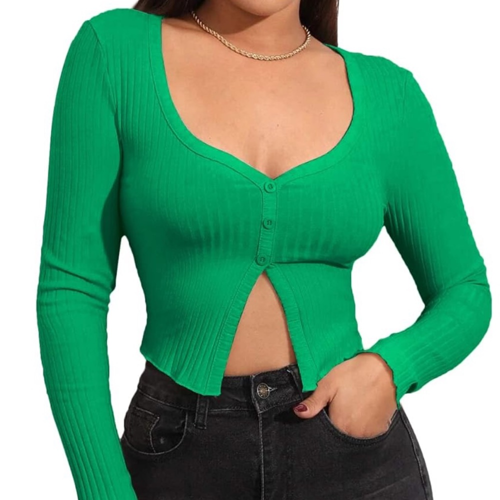 Green Button Up Long Sleeve Top